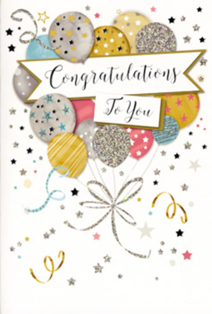 The card pictured is a beautifully detailed congratulations design that looks as if it has preserved an entire celebration in stillness, much like a quiet evening overlooking the lights around Highams Park. At its heart, a lush spray of balloons rises upward, loosely gathered like a bouquet a florist might tie by hand. The balloons come in a harmonious palette of soft metallic gold and silver, pale champagne, dusky rose pink, sky blue, and gentle grey. Each balloon is individually adorned: some are scattered with tiny sparkling stars, others brushed with stripes or subtle glitter patterns that catch and reflect imaginary light. Together they create a sense of buoyant joy, as though they could drift above the rooftops near the station. Slim metallic ribbons in gold and silver descend from the cluster, curling and looping as if they have just been released by an excited hand. Around them, the background is sprinkled with small stars, swirls, and confetti-like dots in coordinating metallic tones, echoing the look of party decorations strewn after a successful celebration in a Highams Park home. Across the middle of the design, a gently curved banner stretches horizontally, its edges softly flared, holding a beautifully scripted congratulations message in elegant, flowing lettering. The overall impression is refined yet exuberant, like the combination of fresh flowers and thoughtful words offered for a promotion, graduation, or new beginning. As a card accompanying a hand-delivered bouquet in Highams Park, it feels perfectly suited to those proud, luminous milestones when an ordinary message simply isn't enough.