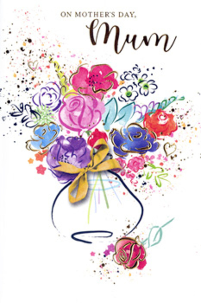 The Mother's Day card design presents a vibrant, painterly bouquet as if it were the first idea sketched by a florist planning a special arrangement for a family in Highams Park. The blooms are formed from generous, sweeping strokes of watercolour, with hot pinks, cerise, and deep purples clustered together to create a warm, lively heart to the composition. These richer tones are softened by cooler splashes of indigo and gentle blues, while hints of apricot and chartreuse flicker around the edges like new foliage and tiny buds just starting to open. Fine, shimmering lines of gold pick out the contours of individual petals and leaves, suggesting the glow of affection that lingers in a mother's embrace. The surrounding white space is alive with playful specks of colour and small heart shapes, echoing the spontaneous joy of a child's handmade card or flowers picked on a stroll near the Highams Park lake. Anchoring this cloud of colour is a whimsical vase, softly rounded and adorned with a neat golden bow, reminiscent of the careful flourish a florist adds when tying a bow around a finished gift. The bouquet doesn't adhere to strict realism; instead, it conveys movement and feeling, as though the flowers are swaying gently in a spring breeze. Every brushstroke seems to carry intention, suggesting gratitude, admiration, and the wish to make Mother's Day feel truly cherished. This illustrated bouquet becomes more than decoration; it is a painted echo of a real arrangement, crafted to live on long after fresh petals have faded.