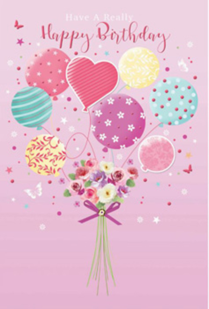 This illustrated birthday scene feels like a daydream inspired by a stroll through Highams Park, translated into balloons and blossoms. A gentle blush-pink backdrop wraps everything in warmth, creating a cosy, celebratory atmosphere. Rising from the centre, a cluster of pastel balloons seems to float effortlessly, as though just released above the trees by the lake. Their colours are soft yet cheerful: pale sunshine yellow, rosy fuchsia, lavender, seafoam green, and delicate peach, all blending together without clashing. Each balloon wears a different pattern-spiralling ribbons, scattered polka dots, tiny floral accents-giving the impression that each one carries its own birthday wish. At the base, gathered where all the balloon strings meet, is a petite hand-tied bouquet of roses and daisy-like blooms. The blossoms are carefully shaded from creamy white through blush to deeper rose tones, their velvety petals depicted with such tenderness you can almost feel their softness. A shimmering purple ribbon cinches the stems, its bow looping gracefully, like something lovingly tied in a local Highams Park florist studio just off Winchester Road. Around the bouquet, small butterflies hover and tiny star shapes glimmer, as if the whole composition is caught in a moment of gentle jubilation. The imagined fragrance is light and sweet, echoing the fresh, green scent of the park after rain. This is not just a birthday card image, but a story of being cherished: balloons lifting hopes upward, flowers grounding the design with their natural beauty, and every detail considered with the care of an expert florist who understands quiet, heartfelt celebration.