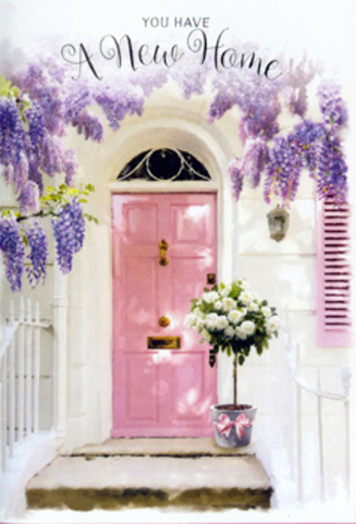 This image captures a romantic Highams Park entrance bathed in the gentle light of either early morning or late afternoon, the kind of glow that often falls over the tree-lined streets near The Broadway. A pastel pink door, neatly painted with crisp edges and subtle panel detail, stands slightly recessed within whitewashed walls that show just enough texture to feel real and lived in. Above and around the doorway, wisteria flows in generous, lavender-hued garlands, each blossom creating a delicate curtain that softens the architecture and frames the door like a florist's arch. The petals appear plump and freshly opened, their colour ranging from soft lilac to deeper violet along each cascading strand, suggesting a heady, springtime fragrance that might mingle with the scent of nearby gardens. At the threshold, a stylish metal bucket in a muted grey tone holds a lavish arrangement of white and cream roses. The roses are full and plush, their spiralling centres unfurling gracefully, with touches of soft green foliage weaving through to add contrast and texture. A satin-like pink ribbon encircles the base of the bucket, tied in a careful bow that echoes the door's colour and pulls the composition into gentle harmony. The steps and sill remain clean and understated, allowing the flowers and wisteria to tell the story. The atmosphere is one of gentle anticipation, perfect for imagining a couple moving into their first flat near Highams Park station or a family setting down roots close to Epping Forest. Everything about the scene speaks to the quiet, emotional power of flowers to mark milestones and turn a simple doorway into a heartfelt welcome.