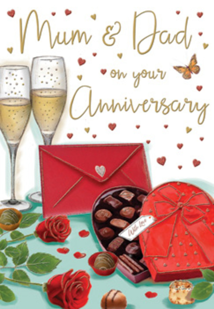 The illustrated anniversary card presents a richly romantic tableau, evoking the feeling of a special evening celebrated in a Highams Park home after a leisurely stroll through the local park. In the foreground, two luxuriant red roses are placed on the table, their petals plump and velvety, layered in deep ruby shades that echo the look of a premium florist's bouquet. Their glossy green leaves curve naturally around them, lending softness and balance to the strong, passionate reds. Beside the roses, a heart-shaped box of chocolates steals the eye, wrapped in a lavish red exterior and crowned with an opulent satin bow, its loops and tails illustrated with lifelike sheen. The lid is set aside to reveal an array of chocolates inside, with a few pieces dotted casually on the tabletop, inviting a shared treat between loving parents. Two tall champagne flutes stand close together behind this scene, each filled with sparkling golden champagne, bubbles rising delicately, like tiny lights twinkling over the rooftops around Chingford Mount Road. The glasses are drawn with crystal clarity, their slender stems catching soft highlights. Scattered gently across the background are floating hearts in rich crimson and burnished gold, guiding the gaze toward the affectionate Mum & Dad greeting written in a warm, hand-lettered style. Completing the composition, a vivid red envelope rests to one side, carefully sealed, suggesting a heartfelt message or perhaps a poem that tells the story of years of shared life. The lighting is gentle and flattering, bathing the entire arrangement in a warm, celebratory glow that suggests comfort, gratitude, and enduring romance, as though the card were ready to accompany same-day anniversary flowers delivered across Highams Park.