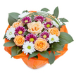 An artfully composed bouquet bursts with colour and exuberance, its bright blooms echoing Highams Park's vibrant community spirit. From a top-down perspective, the visual tapestry unfolds: generous peach and orange roses, their velvety petals unfurling to form radiant focal points, are surrounded by clusters of spirited chrysanthemums. The arrangement features crisp white daisy-like flowers with lively green centers, nestled alongside bold magenta-purple blooms whose intense tones create dramatic contrast. These blooms rest on a plush bed of glossy, rich green leaves, the foliage reminiscent of the lush trees that border local parks and leafy lanes. A whimsical sweep of bright green bear grass arches gracefully above the bouquet, infusing the scene with a sense of movement and contemporary flair. The entire floral display is gathered and finished with crinkled, translucent orange cellophane, its cheerful hue reinforcing the warmth and welcoming energy at the bouquet's heart. Each detail-down to the choice of flowers and careful arrangement-embodies the meticulous skill of Highams Park's local florists, making this arrangement perfect for marking joyful milestones, sending notes of appreciation, or delivering a touch of uplifting beauty straight to local doorsteps.