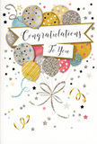 In this image, a sophisticated congratulations card stands as if ready to be tucked beside a hand-tied bouquet for delivery somewhere off the quiet streets of Highams Park. The artwork features a central cluster of party balloons, rounded and full, arranged like a playful yet elegant bouquet. Their colours blend soft metallic gold and silver with champagne, sky blue, rose pink, and gentle grey, each balloon decorated with tiny stars, fine line patterns, or subtle glitter that gives a delicate sparkle, reminiscent of fairy lights flickering in local Highams Park windows. From the bottom of the bunch, slender ribbons in shimmering gold and silver trail downward, twirling in graceful curls that suggest movement and lightness. Scattered across the pale background, clusters of small metallic stars, loose confetti spots, and curving streamers appear to dance around the balloons, creating the sensation of a celebration paused mid-laughter. A refined banner stretches across the centre of the design, carrying a Congratulations To You style message in beautifully flowing script, the letters slightly bold and confident yet warm in tone. The textures hinted at by the illustration suggest a mix of glossy ink and delicate glitter you might be able to feel beneath your fingertips. Overall, the card radiates happiness, pride, and gentle glamour, ideal for celebrating exam success, a promotion in a nearby office, or a personal milestone at home in Highams Park. It captures that special moment when someone's hard work is finally recognised and you want your words, like your flowers, to feel truly memorable.