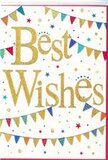 This Best Wishes card feels like a little celebration all on its own, echoing the cheerful atmosphere of Highams Park on a bright day. The central focus is the message, written in large, flowing gold script that gleams as though it has been delicately finished with metallic foil or glitter. Each letter is broad and confident, casting the subtlest of shadows against the clean white background and adding a tactile sense of depth you can almost feel with your fingertips. Radiating around the words, curved strings of bunting sweep gracefully across the top and bottom of the card. The tiny flags hang in loose, joyful arcs, each one painted in vivid colours-turquoise, red, grass green, saffron yellow, and magenta-some with playful stripes, others with tiny dots and patterns that hint at handmade charm. These rows of pennants feel like decorations strung above a small street party off The Avenue, catching a light breeze. Scattered freely across the white space are minute stars and confetti dots in harmonising shades of gold, blue, and pink. They appear to float and spin, suggesting the moment when confetti has just been thrown into the air to mark a big announcement or new beginning. The overall feeling is warm, inclusive, and encouraging, making this card ideal to accompany a same-day flower delivery for a graduation, promotion, or new chapter in life. It carries the visual language of celebration without being loud or fussy-just a clear, heartfelt wish for happiness and good fortune ahead.