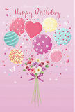 A whimsical birthday composition unfolds like a happy memory from a family gathering in Highams Park, translated into pastels and petals. The background is a soft, comforting pink, creating a tender frame for the central design. From the middle, a cluster of pastel balloons rises gently upward, as if tugged by a light breeze drifting along Beech Hall Road. Each balloon brings its own charm: some swirl with candy-coloured stripes in rose, mint, and lemon; others are dotted with playful polka spots; and a single heart-shaped balloon glows at the centre, radiating affection and warmth. The balloons are visually tethered to a hand-tied bouquet at the base, where delicate roses and anemone-like blooms gather in friendly abundance. Their colours mirror the balloons-creamy ivory, blush pink, muted mauve, and touches of soft yellow-creating a seamless flow from top to bottom. The petals look feathery and soft, layered like real blossoms freshly arranged in a local Highams Park flower shop. A neat violet satin bow holds the stems together, its sheen suggesting careful, loving hands at work. Around the main arrangement float tiny stars and fluttering butterflies, adding a touch of fairy-tale sparkle, like birthday confetti caught in mid-air. The lighting in the illustration feels bright yet gentle, making the balloons shimmer and the flowers glow with quiet joy. Altogether, the scene captures the spirit of an unforgettable birthday-light-hearted, sweet, and thoughtfully designed, as if created by a florist who understands how much a beautiful bouquet can mean on someone's special day.