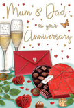 This detailed anniversary card illustration feels like a timeless tribute to long-lasting love, set against the quiet charm of Highams Park. At the heart of the image, two sumptuous red roses rest elegantly along a tabletop, their petals richly layered and velvety, as if they've just been arranged by a skilled florist for a special Mum and Dad. The deep green foliage surrounding the blooms adds a natural frame, enhancing the depth of colour. Just to the side, a classic heart-shaped box of chocolates, in a bold red casing with a lush satin bow, sits invitingly open. Inside, bite-sized chocolates nestle in rows, while a couple of pieces are scattered nearby, suggesting a relaxed, shared moment of indulgence. Standing just behind, a pair of tall champagne flutes, filled with golden, effervescent fizz, lean subtly towards one another, their bubbles catching light like tiny reflections off the waters at Highams Park Lake at sunset. Above and around them, small hearts in shades of crimson and gold gently float across the card, forming a romantic halo that draws the eye to the handwritten Mum & Dad message. In the foreground, a bold scarlet envelope lies neatly on the table, sealed and ready, hinting at heartfelt words or perhaps a memory-filled note tucked inside. The whole scene is softly illuminated, with warm highlights glinting on glass, ribbon, and petals, creating a cosy, intimate atmosphere that feels both celebratory and deeply familiar, like an anniversary evening quietly cherished at home in Highams Park.